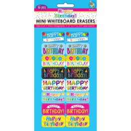 Ashley Productions® Non-Magnetic Mini Whiteboard Erasers, Happy Birthday, Pack of 16