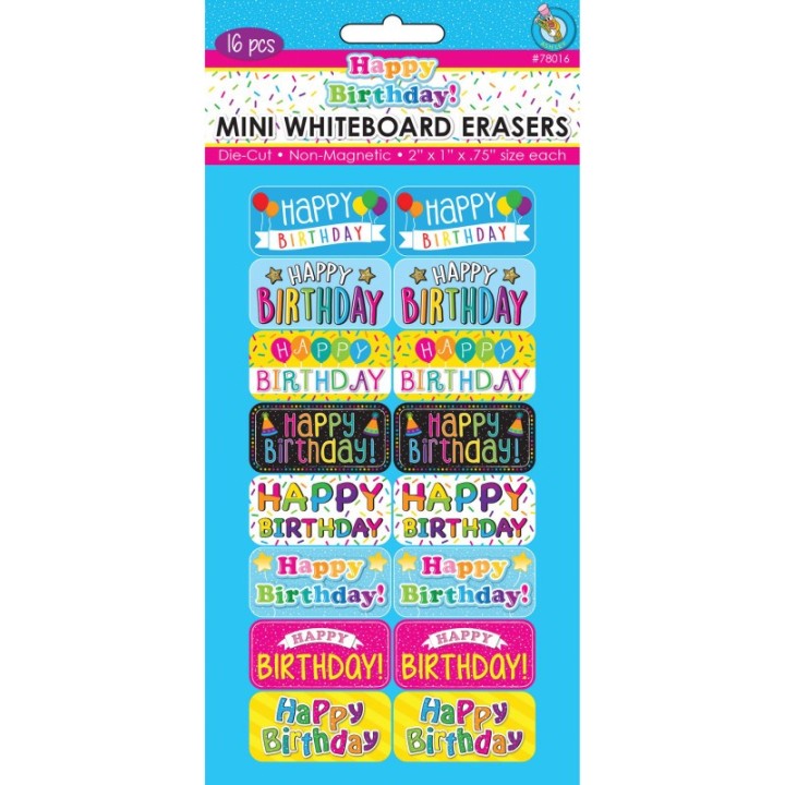 Ashley Productions® Non-Magnetic Mini Whiteboard Erasers, Happy Birthday, Pack of 16