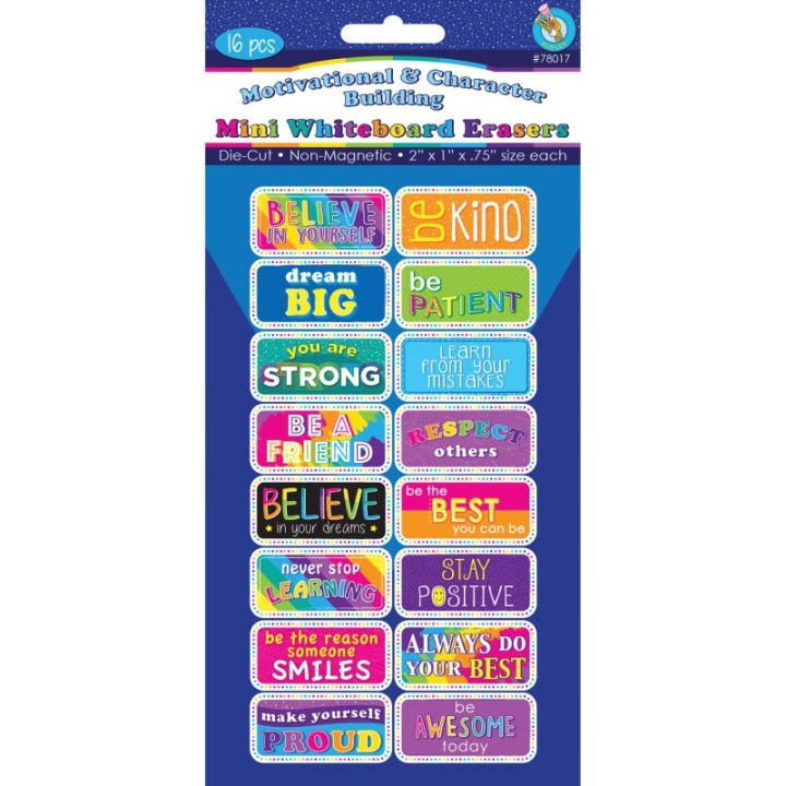 Ashley Productions® Non-Magnetic Mini Whiteboard Erasers, Motivational/Character Building, Pack of 16