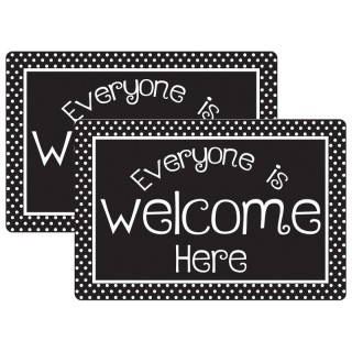 Smart Poly® Welcome Mat with Slip Resistant Backing, 15.5" x 23.5", Black and White Dots Everyone is Welcome Here, Pack of 2