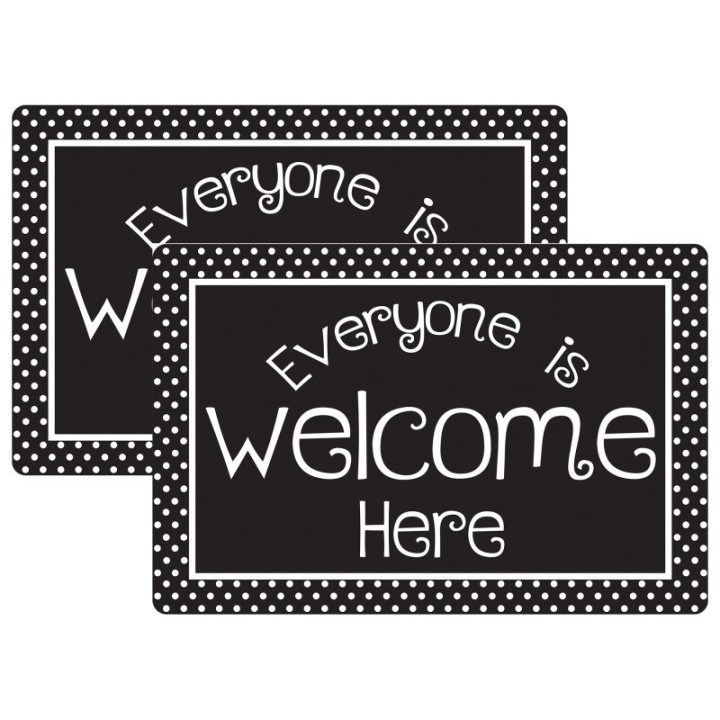 Smart Poly® Welcome Mat with Slip Resistant Backing, 15.5" x 23.5", Black and White Dots Everyone is Welcome Here, Pack of 2