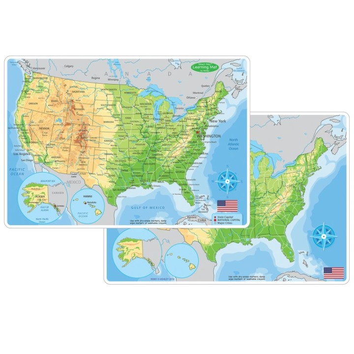 Ashley Productions® Smart Poly™ Learning Mat, 12" x 17", Double-Sided, U.S. Physical Map