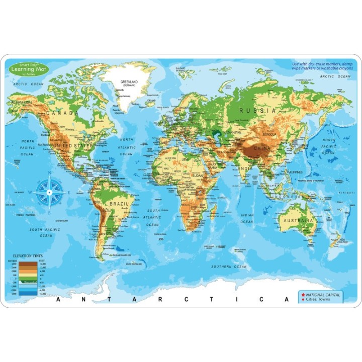Ashley Productions® Smart Poly™ Learning Mat, 12" x 17", Double-Sided, World Physical Map