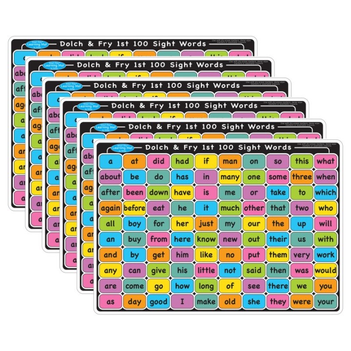 Ashley Productions® Smart Poly™ Learning Mat, 12" x 17", Double-Sided, Sight Words 1st & 2nd 100, Pack of 6