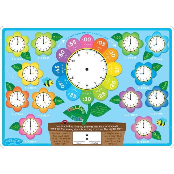 Ashley Productions® Smart Poly™ Learning Mat, 12" x 17", Double-Sided, Telling Time