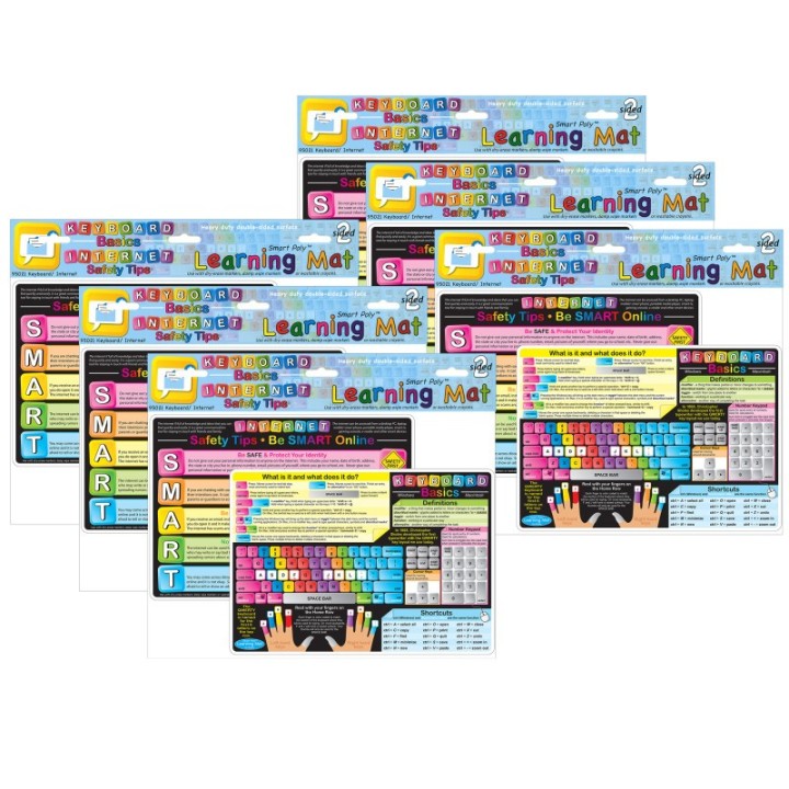 Ashley Productions® Smart Poly Learning Mat, 12" x 17", Double-Sided, Keyboard Basics & Internet Safety, Pack of 6