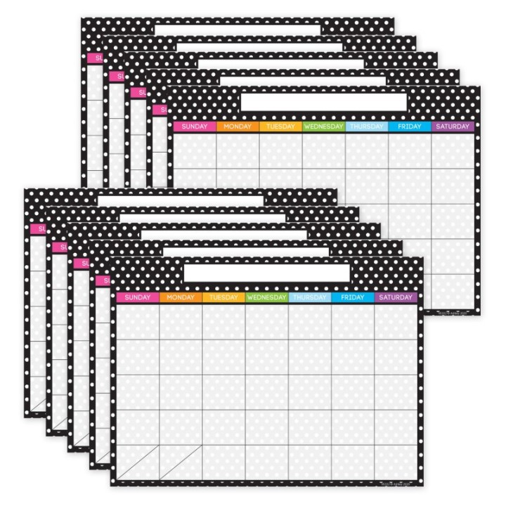 Ashley Productions® Smart Poly PosterMat Pals Space Savers, 13" x 9-1/2", BW Dots Calendar, Pack of 10