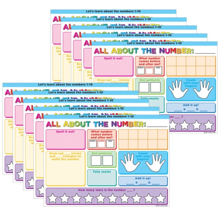 Ashley Productions® Smart Poly® PosterMat Pals™ Space Savers, 13" x 9-1/2", All About the Number, Pack of 10