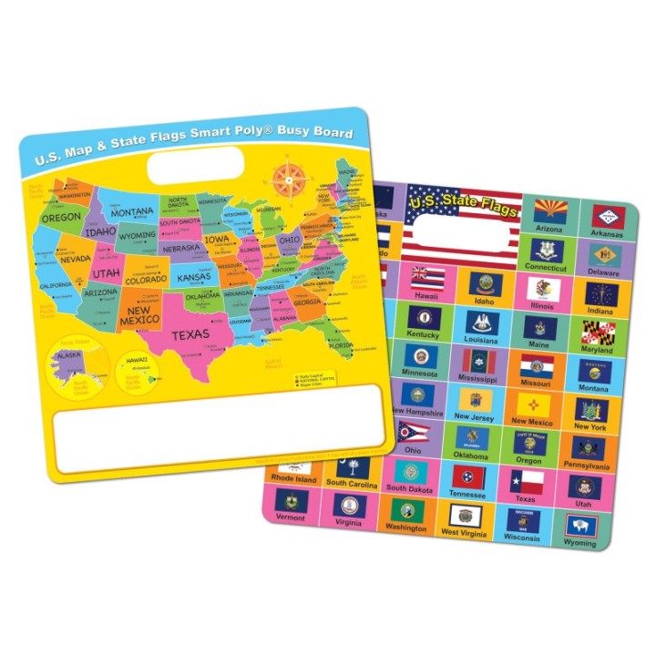 Ashley Productions® Smart Poly® Educational Activity Busy Board, Dry Erase with Marker, 10-3/4" x 10-3/4", US Map/ State Flags