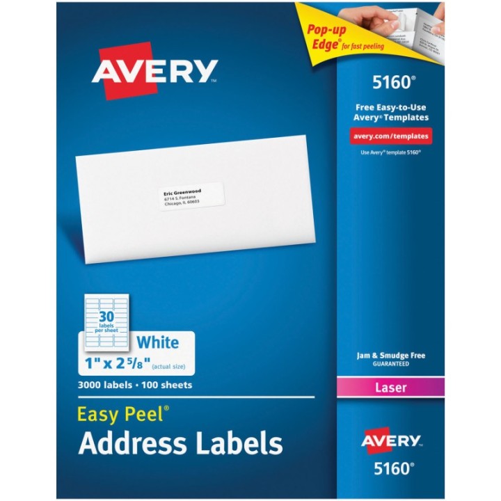 Avery® Easy Peel® Address Labels, Permanent Adhesive, 1" x 2-5/8", 3000 Labels