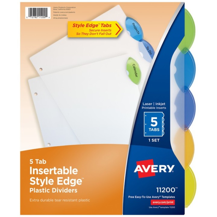 Avery® Insertable Style Edge™ Plastic Dividers, 5-Tab Set, Multicolor