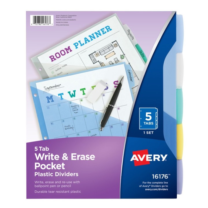 Avery® Write & Erase Durable Plastic Dividers with Pockets, 5-Tab Set, Multicolor