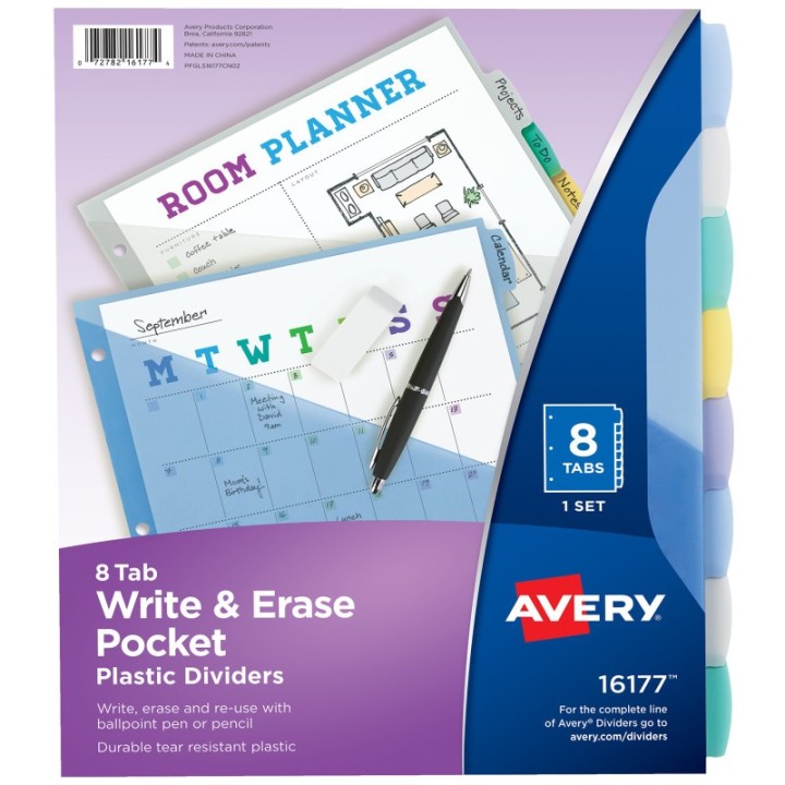 Avery® Write & Erase Pocket Plastic Dividers, 8-Tab Set, Multicolor, 1 Set