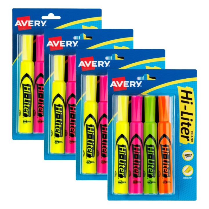 Avery® Hi-Liter® Desk-Style Highlighters, Assorted Colors, Smear Safe™, Nontoxic, 4 Per Pack, 4 Packs