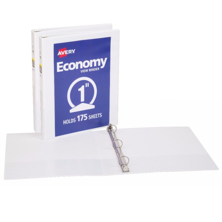 Avery® Economy View Binder, 1" Round Rings, 175-Sheet Capacity, White, Pack of 2