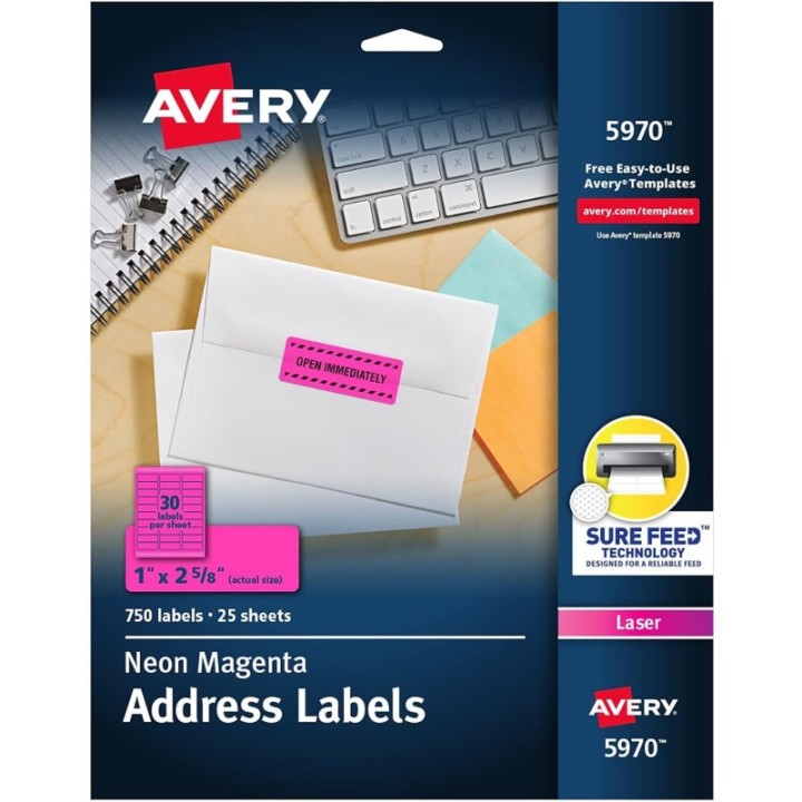 Avery® High-Visibility Labels, Permanent Adhesive, Neon Magenta, 1" x 2-5/8", 750 Labels