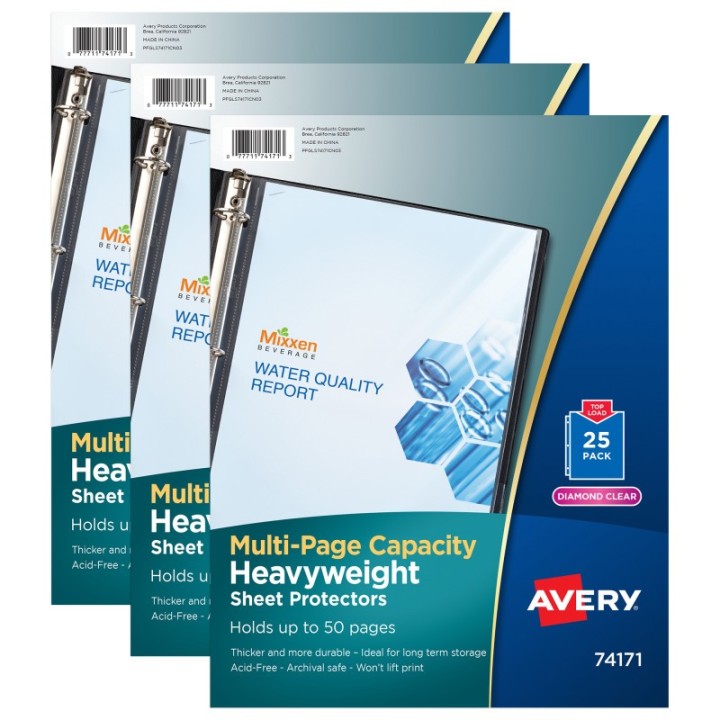 Avery® Clear Heavyweight Multi-Page Capacity Sheet Protectors, Holds 8-1/2" x 11" Sheets, Top Load, 25 Per Pack, 3 Packs