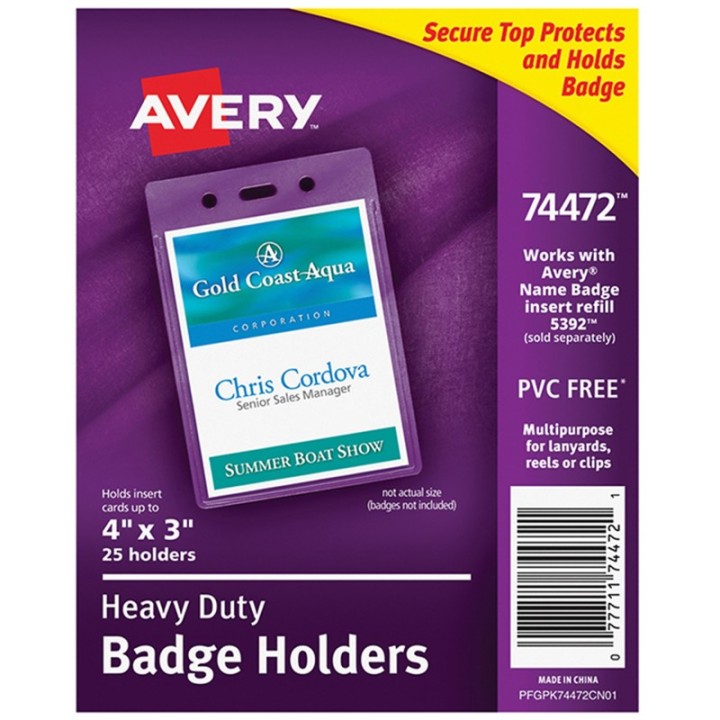 Avery® Heavy-Duty Badge Holders, Portrait, 4" x 3", 25 Holders