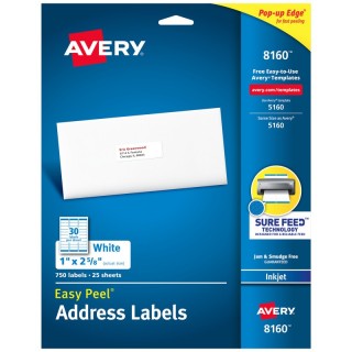 Avery® Easy Peel® Address Labels, Sure Feed™ Technology, Permanent Adhesive, 1" x 2-5/8", 750 Labels