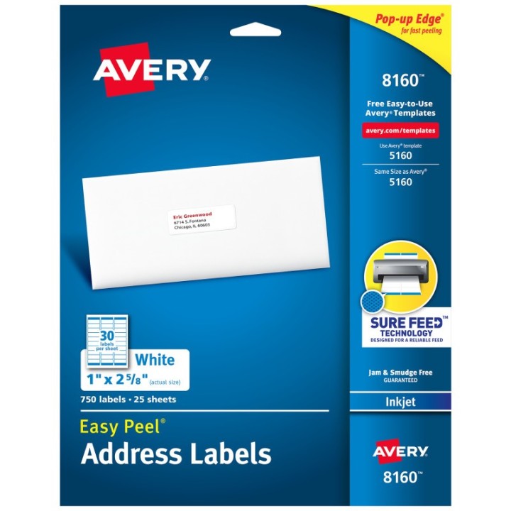 Avery® Easy Peel® Address Labels, Sure Feed™ Technology, Permanent Adhesive, 1" x 2-5/8", 750 Labels
