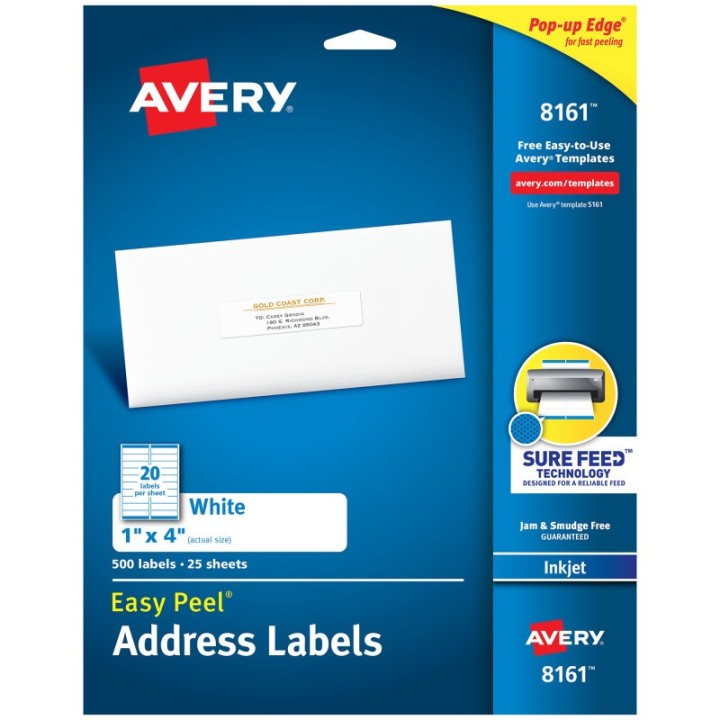 Avery® Easy Peel® Address Labels, Sure Feed™ Technology, Permanent Adhesive, 1" x 4", 500 Labels