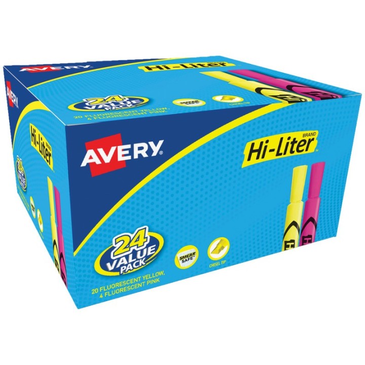 Avery® Hi-Liter® Pink and Yellow Highlighters, Desk Style, Chisel Tip, 24 Total