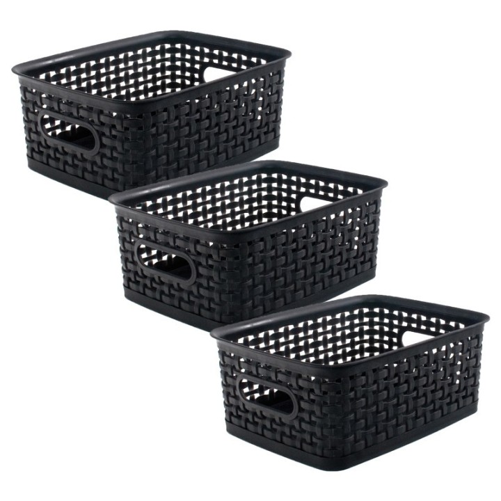 Thinkspace Plastic Weave Bin, Small, Black, Pack of 3