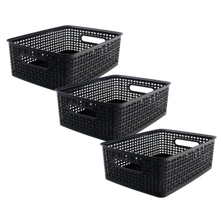 Thinkspace Plastic Weave Bin, Medium, Black, Pack of 3