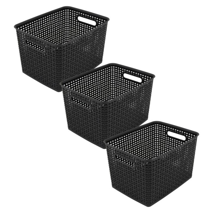 Thinkspace Plastic Weave Bin, Large, Black, Pack of 3