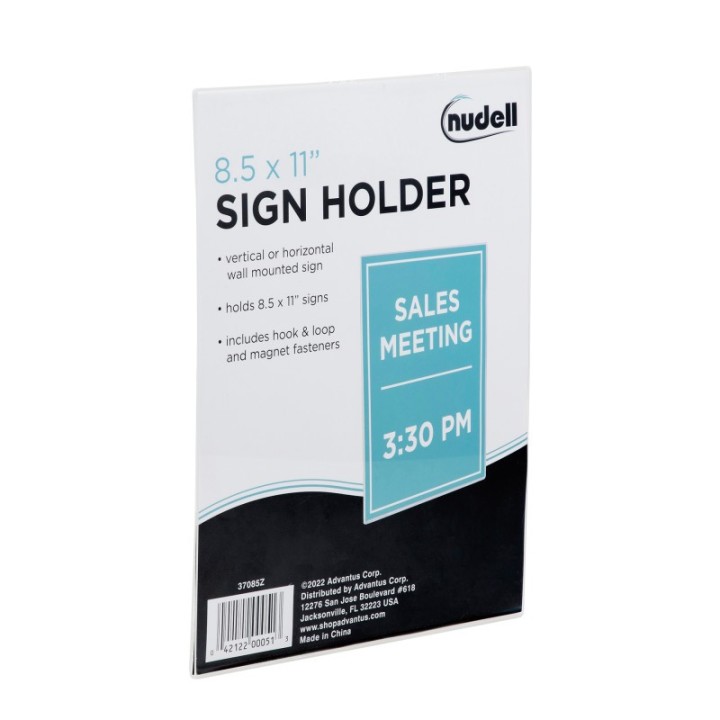 NuDell Sign Holder, Hook & Loop/Magnetic Wall-Mounted, Clear Plastic, 8.5x11 in
