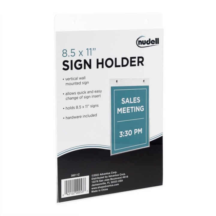 NuDell Sign Holder, Vertical Wall Mounted, Clear Plastic, 8.5x11 in