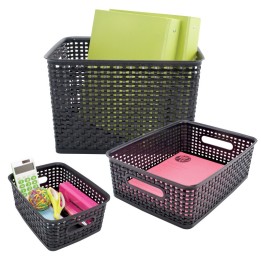 Advantus® Plastic Weave Storage Bins, Assorted Sizes, Black, Set of 3