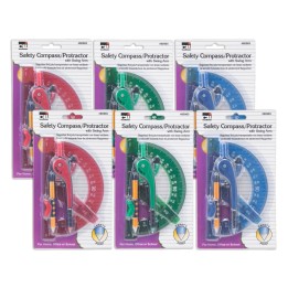 Charles Leonard Safety Compass & 6" Swing Arm Protractor, Assorted Colors, 6 Sets