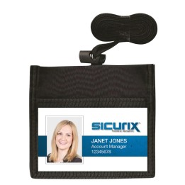 SICURIX ID Neck Pouch Badge Holder, Horizontal, Adjustable Cord, 4" x 2-1/4" Insert, Black