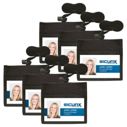 SICURIX ID Neck Pouch Badge Holder, Horizontal, Adjustable Cord, 4" x 2-1/4" Insert, Black, Pack of 6