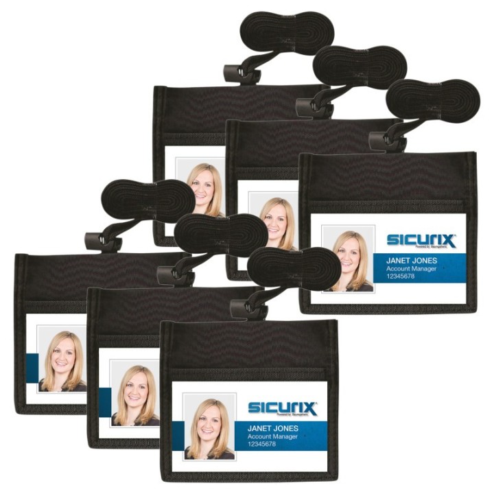SICURIX ID Neck Pouch Badge Holder, Horizontal, Adjustable Cord, 4" x 2-1/4" Insert, Black, Pack of 6