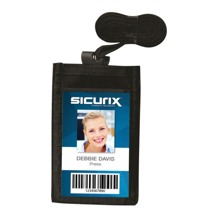 SICURIX ID Neck Pouch Badge Holder, Vertical, Adjustable Cord, 4" x 2-1/4" Insert, Black