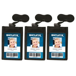 SICURIX ID Neck Pouch Badge Holder, Vertical, Adjustable Cord, 4" x 2-1/4" Insert, Black, Pack of 3