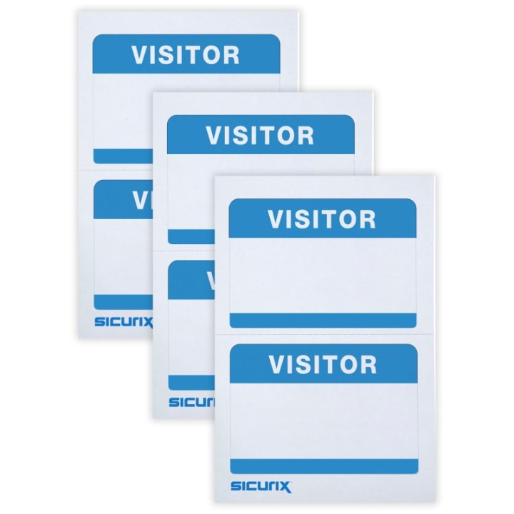 SICURIX Visitor Adhesive Badges, Blue, 100 Per Pack, 3 Packs