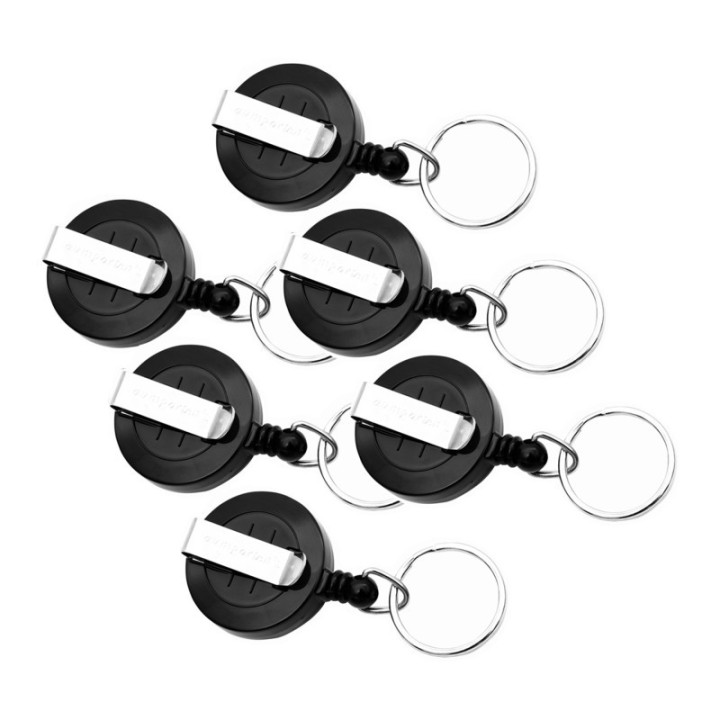 SICURIX Standard Round ID Badge Reel with Belt Clip & Key Ring, Black, Pack of 6