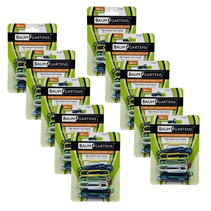 Baumgartens Vinyl-Coated Paper Clips, Jumbo Size, 40 Per Pack, 10 Packs