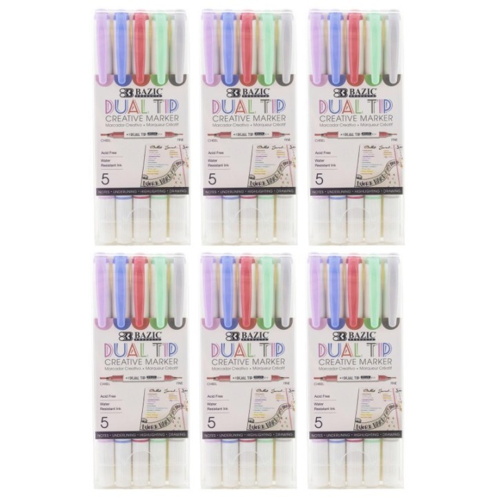 BAZIC Products® Dual-Tip Creative Markers, 5 Per Pack, 6 Packs