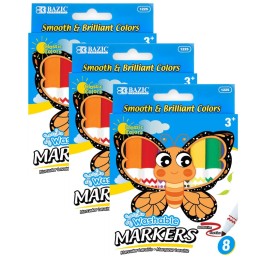 BAZIC Products® Jumbo Washable Markers, Broad Line, 8 Colors, Pack of 3