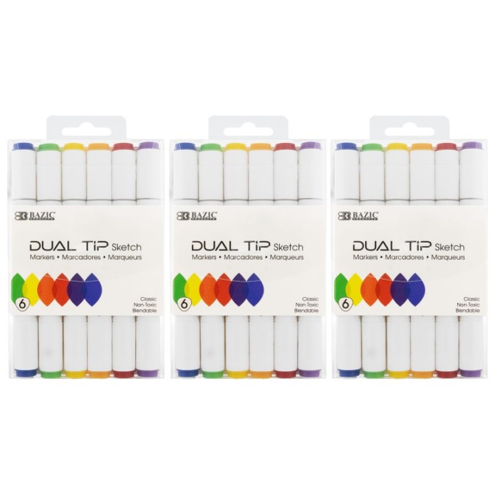BAZIC Products® Dual Tip Sketch Markers, Primary Colors, 6 Per Pack, 3 Packs