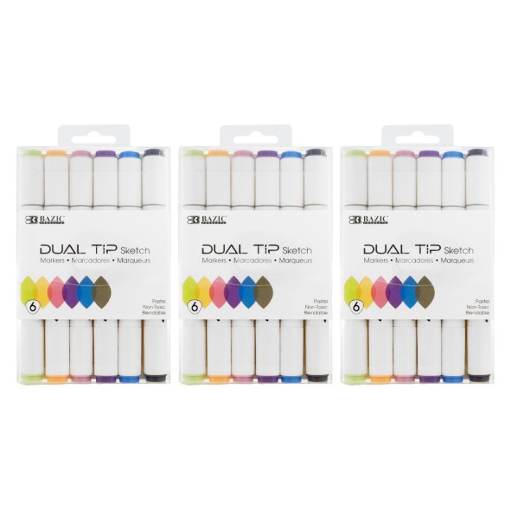 BAZIC Products® Dual Tip Sketch Markers, Pastel Colors, 6 Per Pack, 3 Packs