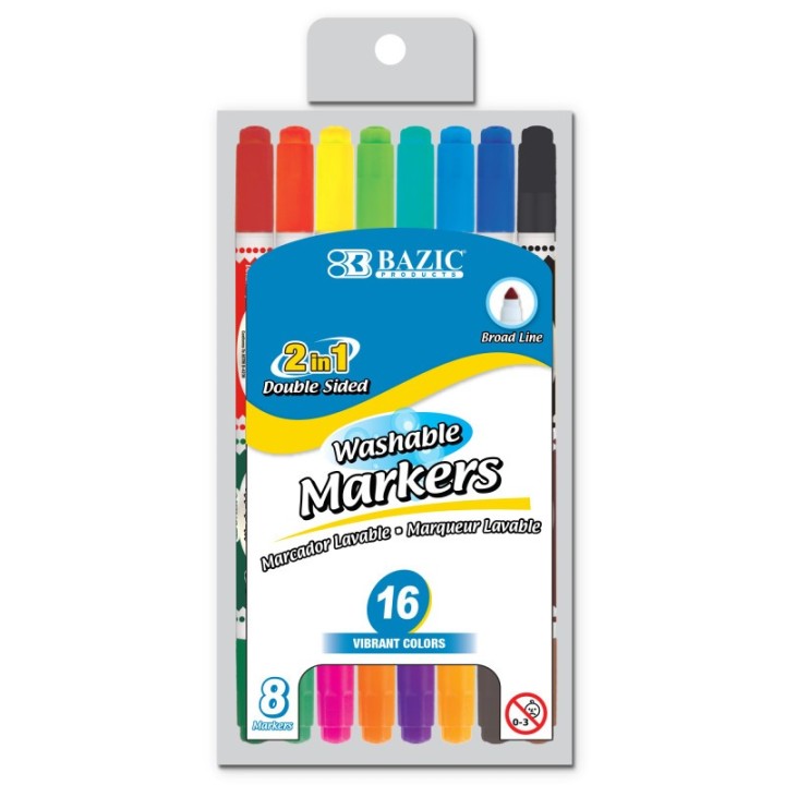 BAZIC Products® Washable Markers, Double-Tip, 16 Colors, 8 Markers