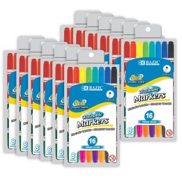 BAZIC Products® Washable Markers, Double-Tip, 16 Colors, 8 Per Pack, 12 Packs