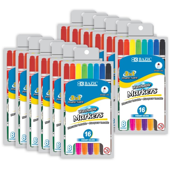 BAZIC Products® Washable Markers, Double-Tip, 16 Colors, 8 Per Pack, 12 Packs