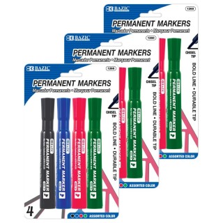 BAZIC Products® Desk Style Permanent Markers, Chisel Tip, Assorted Colors, 4 Per Pack, Pack of 3