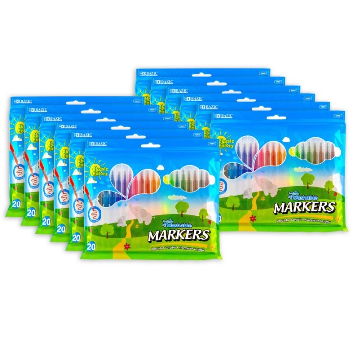 BAZIC Products® Fine Line Washable Markers, 20 Per Pack, 12 Packs